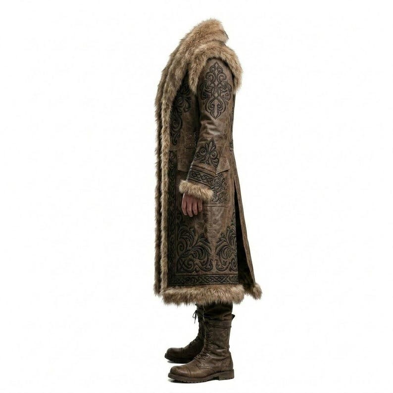 Mens Viking Fur Coat, Medieval Leather Trench Coat, Norse Warrior Jacket, Fantasy Viking Costume, Renaissance Outerwear image 3