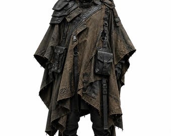 May include: A dark brown hooded poncho featuring multiple black utility pockets, adjustable straps, buckles, and shoulder armor plates. The garment has a distressed, layered fabric construction with frayed edges, paired with black trousers and black boots.