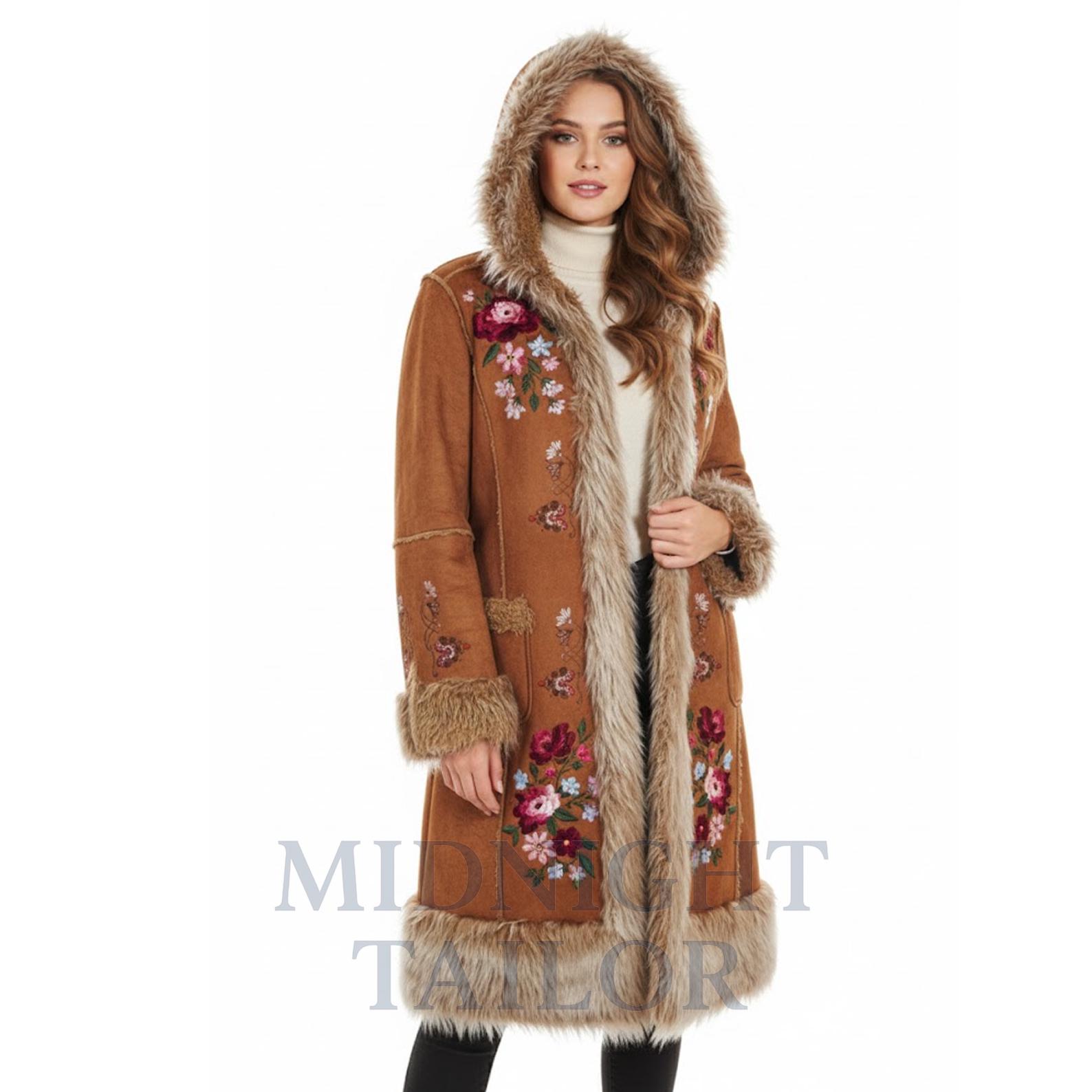 Penny Lane Coat Women's Shearling Faux Fur Hooded Embroidered