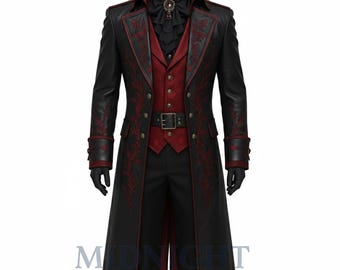 Viktorianischer Gothic Vampir Ledermantel | Rot und Schwarz bestickte Steampunk-Trench-Jacke | Cosplay, Maskerade, Festival Wear