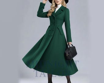 Vintage-Inspired Emerald Green Long Coat – Elegant Winter Flare Coat for Women – Classic Hourglass Silhouette