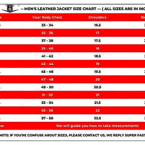 May include: A size chart for men's leather jackets, with measurements in inches. The chart includes sizes from XXS to 8XL, detailing chest, shoulder, and sleeve dimensions. Text at the bottom advises contacting for size assistance.