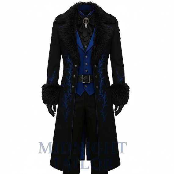 Men’s Gothic Victorian Tailcoat Black with Fur Collar & Cuffs | Royal Blue Embroidered Steampunk Coat | Vampire Cosplay Wedding Jacket