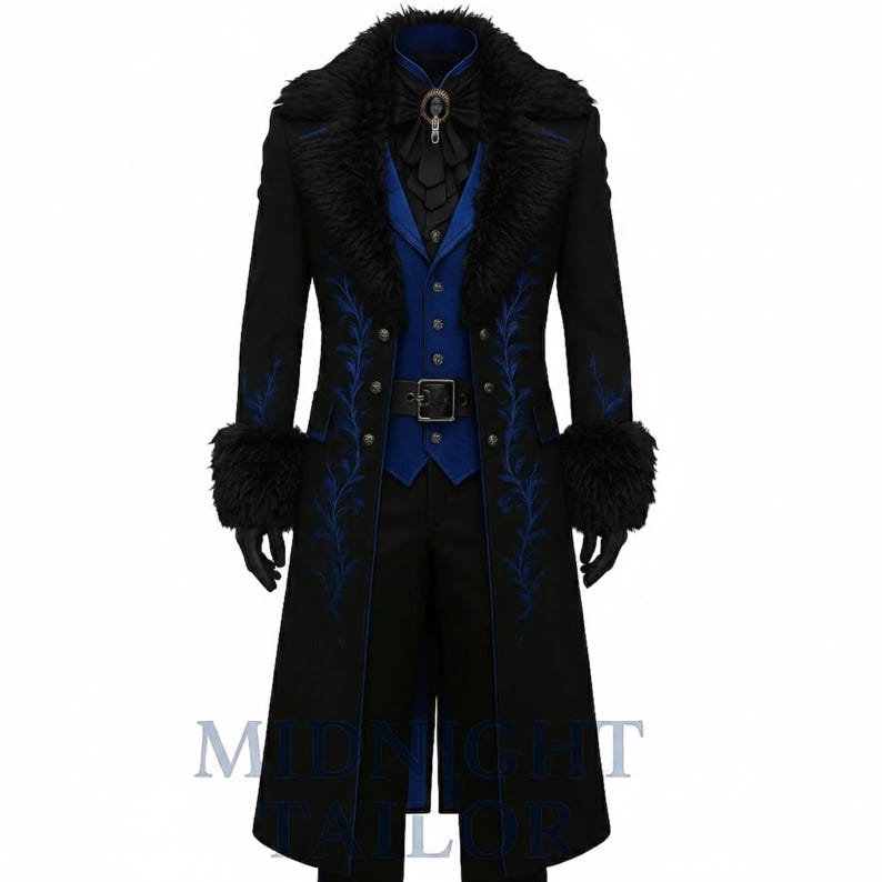 Op de afbeelding: Zwarte lange jas met blauwe bloemenborduurwerk, een zwarte bontkraag en bijpassende manchetten. De jas heeft een blauw vest, een zwarte broek en een zwarte riem. De outfit is in gotische of steampunk stijl.