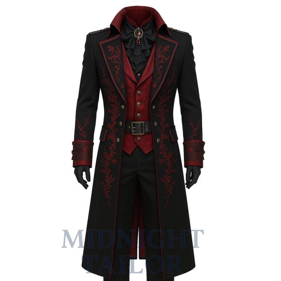 Victorian Gothic Vampire Coat with Red Embroidered Steampunk Jacket | Long Cotton Trench for Cosplay, Festivals Masquerade Wear