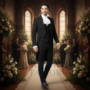 May include: A man in a black formal suit with a white ruffled shirt and vest, walking down a floral-decorated aisle. The suit includes a double-breasted jacket and tailored pants. The background shows a wedding ceremony setting.
