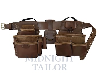 Premium Full Grain Leather Tool Belt – Heavy Duty Carpenter & Framer Work Belt with Multi-Pocket Pouches, Durable Construction Utility Rig