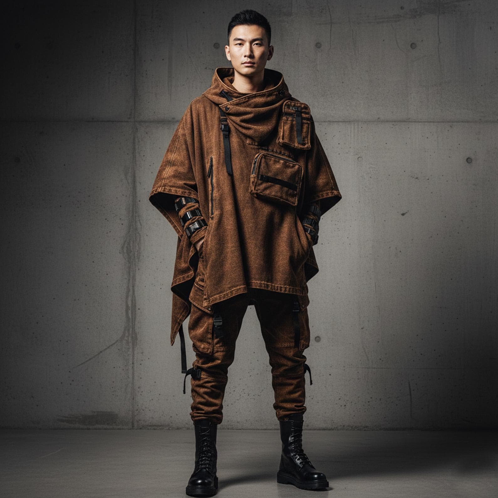 Distressed Canvas Techwear poncho, Cyberpunk cloak, Tactical poncho, Duster futuristic cape, Gothic dystopian Clothing