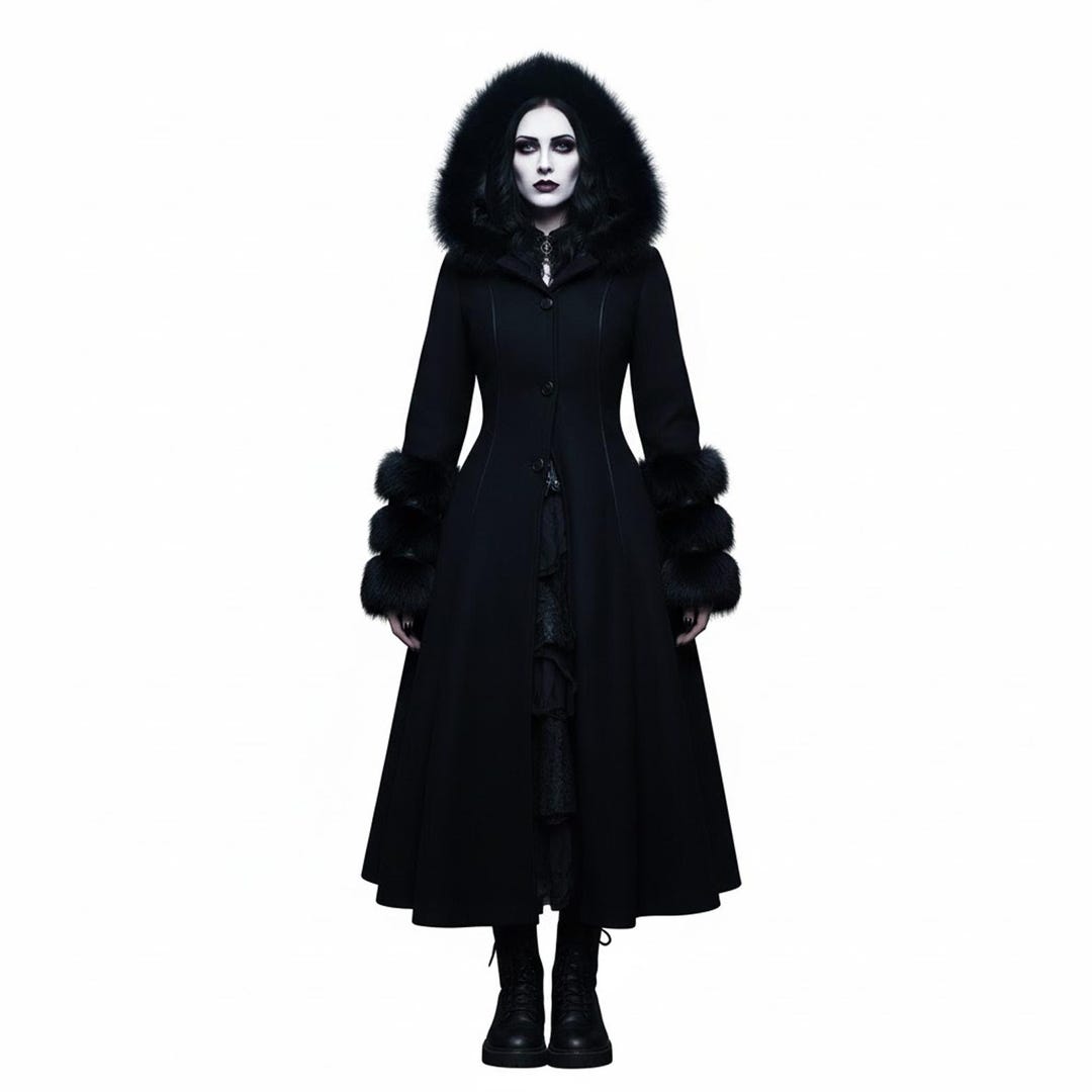 Luxury Gothic Wool Maxi Coat With Faux Fur Hood & Cuffs