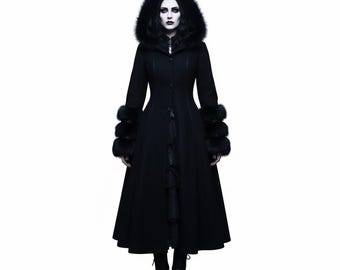Luxury Gothic Wool Maxi Coat With Faux Fur Hood & Cuffs