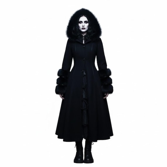 Luxury Gothic Wool Maxi Coat With Faux Fur Hood & Cuffs