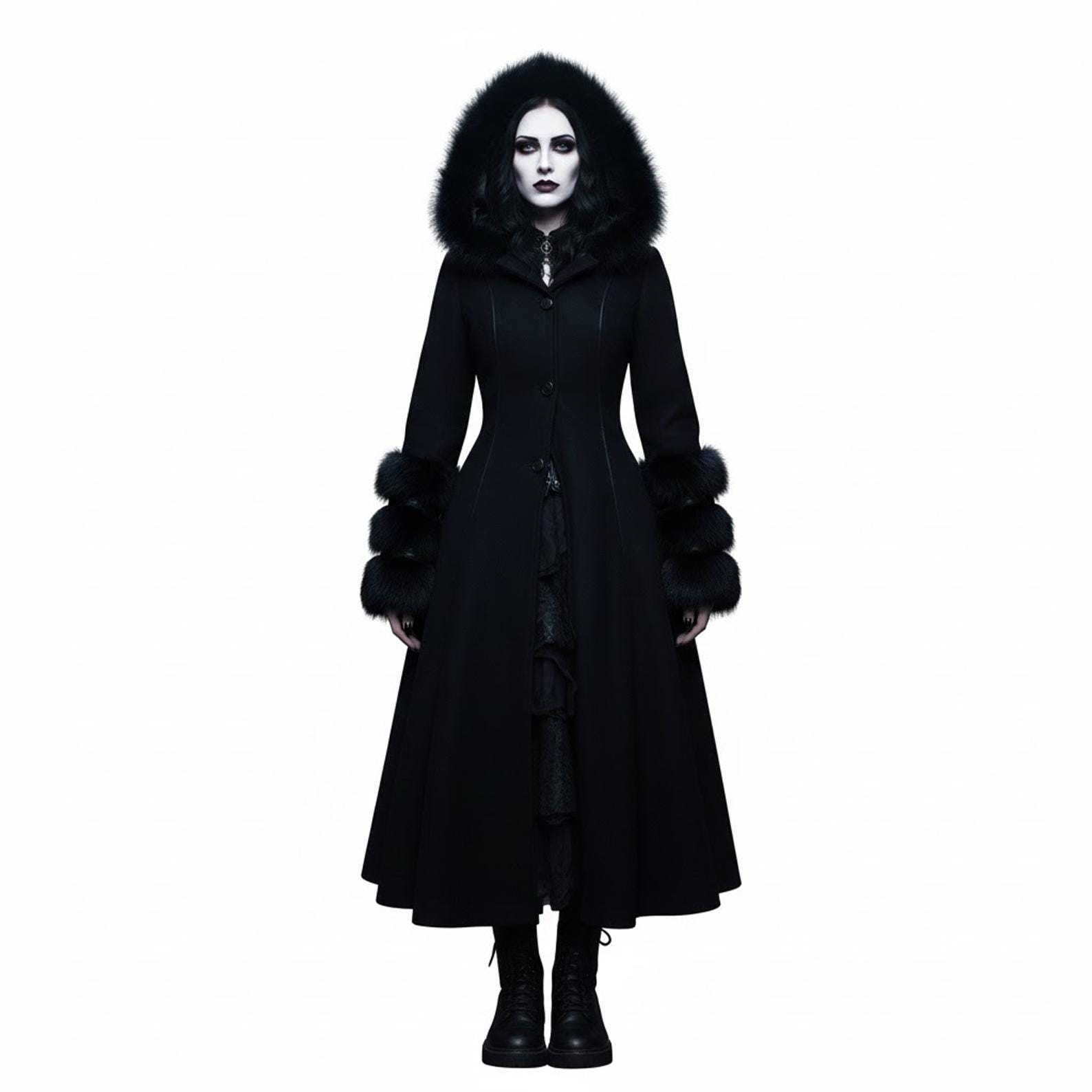 Luxury Gothic Wool Maxi Coat With Faux Fur Hood & Cuffs