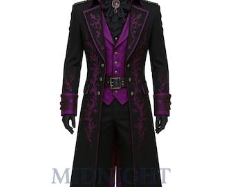 Men’s Gothic Purple Embroidered Tailcoat – Victorian Vampire Jacket, Steampunk Festival Coat, Gothic Aristocrat Costume, Cotton Long Coat