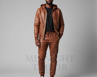 Men’s Vintage Real Leather Tracksuit, Brown Leather Hoodie & Jogger Set, Retro Distressed Leather Outfit, Designer Streetwear Tracksuit Men