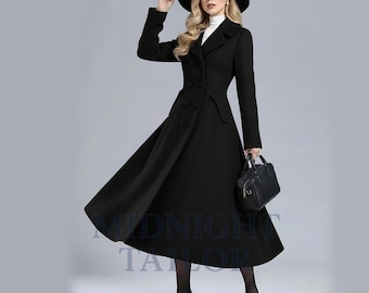 Vintage Inspired Long Wool Princess Coat Women, Fit and Flare Coat