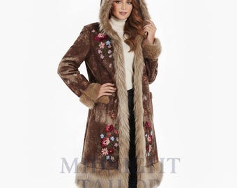 Vintage Brown Afghan Coat Women, Faux Fur Penny Lane Embroidered Suede Jacket, 70s Boho Flower Coat, Winter Hooded Shearling Style