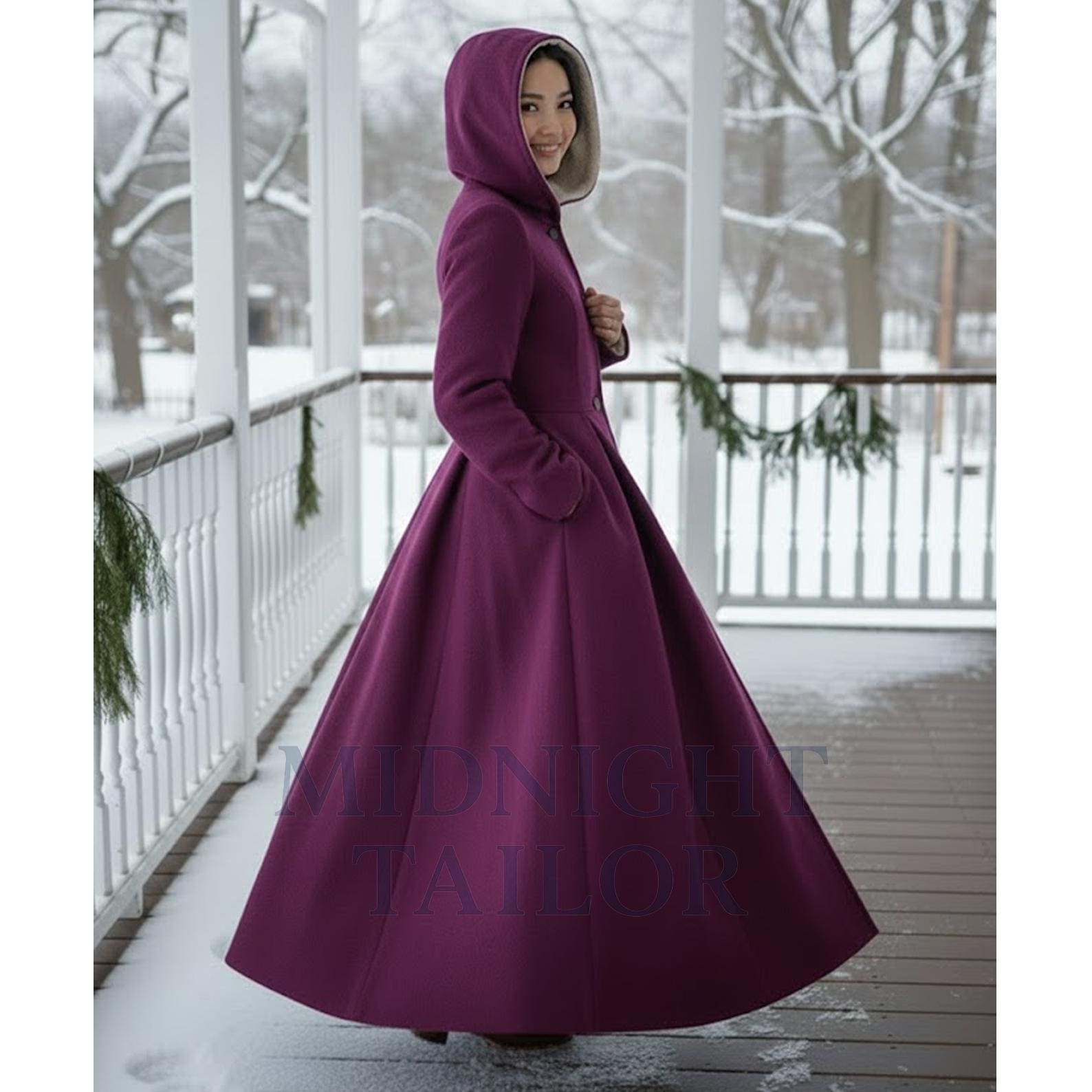 Purple Long Wool Swing Coat for Women, Hooded Winter Trench Coat
