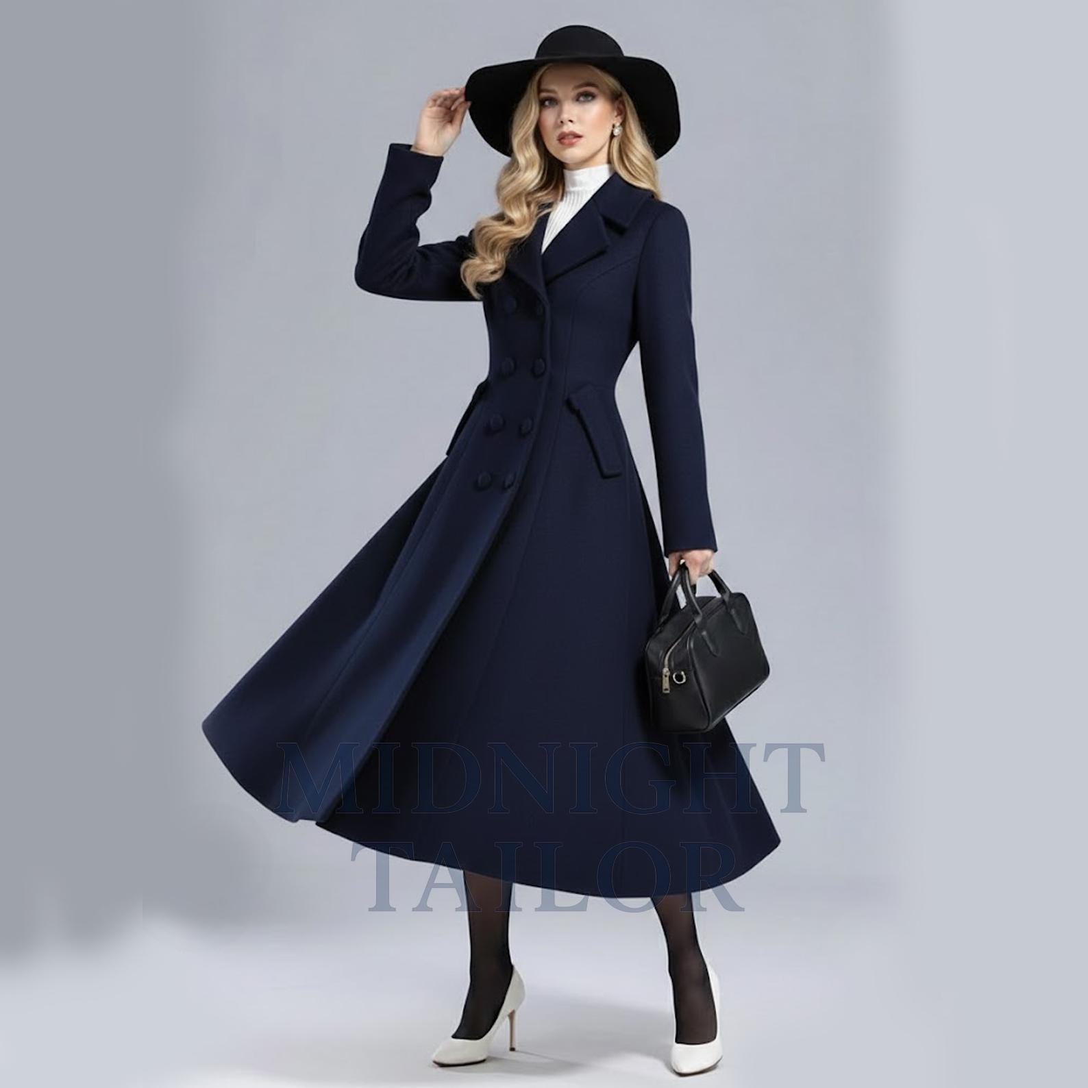 Navy Blue Long Flare Coat for Women – Vintage Double Breasted