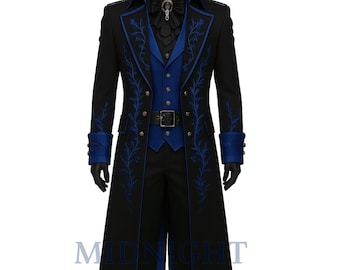 May include: Black and blue formal coat with intricate floral embroidery. The coat features a high collar, a matching vest, and a belt. The sleeves have blue cuffs. The text "MIDNIGHT TAILOR" is visible at the bottom.