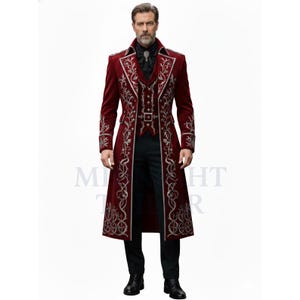 Men’s Red Victorian Gothic Coat, Embroidered Vampire Tailcoat, Steampunk Wedding Jacket, Gothic Prince Long Coat, Medieval Regency Outfit