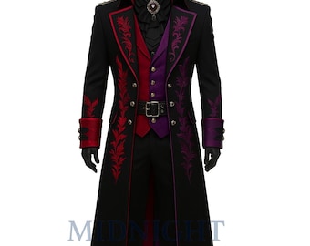 Casaco gótico vitoriano steampunk, jaqueta de algodão estilo vampiro aristocrata, fraque bordado vermelho e roxo, sobretudo masculino gótico para festivais