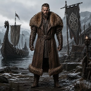 May include: A long brown leather coat featuring a large fur collar and fur trim at the hem, worn with a matching leather belt, textured leather gauntlets, and dark boots, standing in a snowy coastal landscape with a wooden Viking ship nearby.