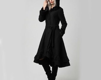 Women’s Gothic Hooded Coat Black | Victorian Witch Long Coat | Ruffle Hem Trench Coat | Dark Academia Winter Outerwear