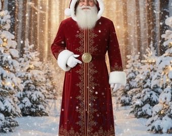 May include: A red velvet Santa Claus coat with gold embroidery and white faux fur trim. The coat features a matching hood and belt with a gold buckle. The background shows a snowy forest scene.