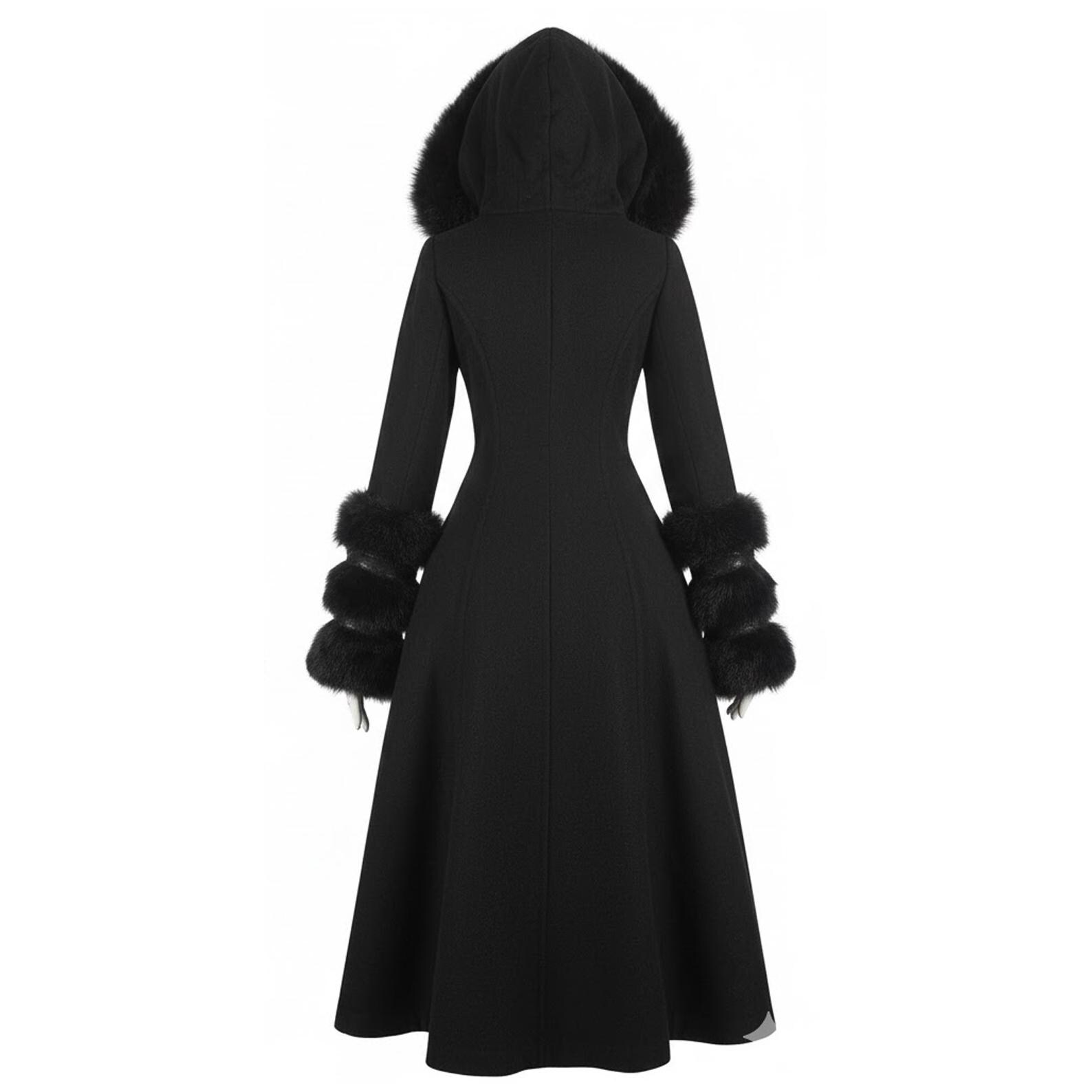 Luxury Gothic Wool Maxi Coat With Faux Fur Hood & Cuffs