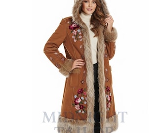 Penny Lane Coat Women’s Shearling Faux Fur Hooded Embroidered Suede Jacket