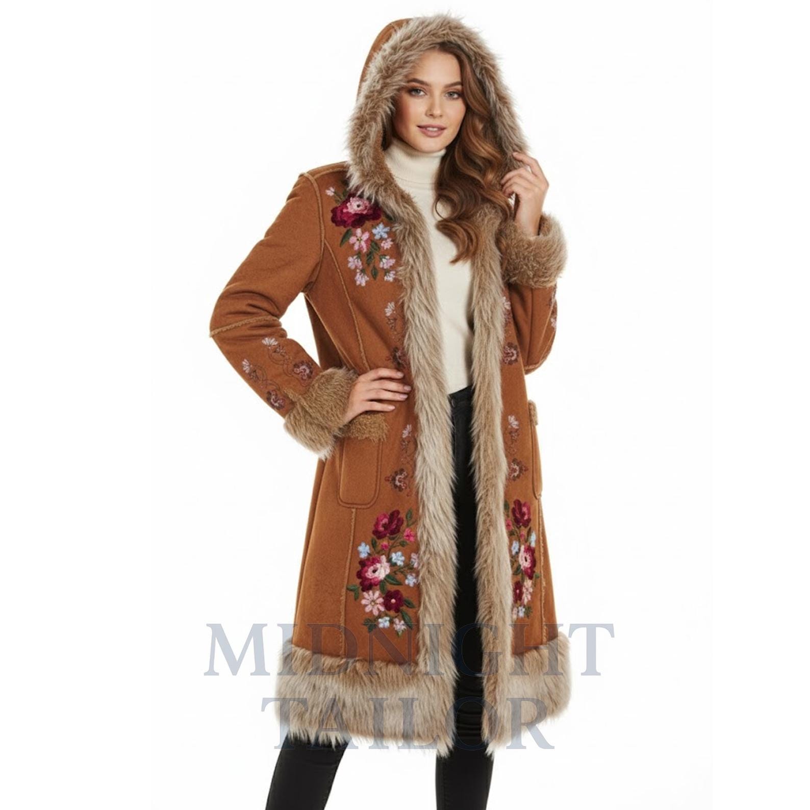 Penny Lane Coat Women's Shearling Faux Fur Hooded Embroidered