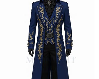 Blue Victorian Tailcoat for Men, Gold Embroidered Steampunk Coat, Long Baroque Cosplay Jacket, Formal Masquerade Festival Costume Outfit