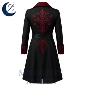 May include: Black coat with a burgundy collar and cuffs, featuring intricate red embroidery on the back. The coat has a belt at the waist and decorative buttons on the sleeves. The Midnight Tailor logo is visible at the bottom.