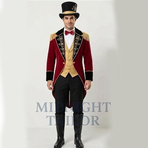Men’s Red Wool Ringmaster Tailcoat Jacket, Victorian Circus Ringmaster Coat, Regency Tailcoat, Steampunk Showman Jacket, Theatrical Costume