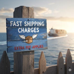 May include: A weathered blue wooden sign with the words "FAST SHIPPING CHARGES" in white. Below, a graphic of a winged box with an arrow. The text "EXTRA FEE APPLIES" is in red. A cargo ship sails in the background.