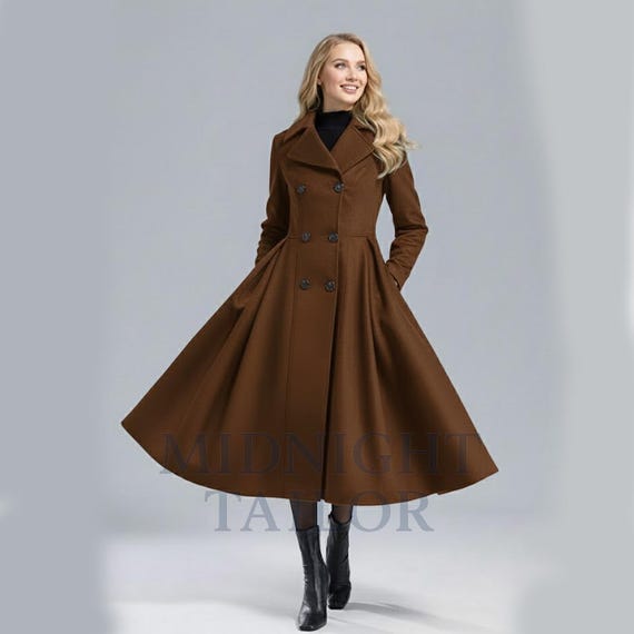 Women Wool Coat, Green Long Wool Coat , Military Coat, Swing Coat