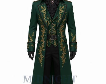 Groene Victoriaanse slipjas voor mannen, geborduurde steampunk festivaljas, lange barokke cosplayjas, gemaskerd bal kostuum formele kostuum outfit