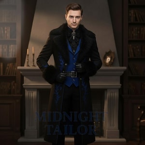 Op de afbeelding: Een zwarte jas met blauwe borduursels en imitatiebont. De jas heeft een blauw vest en zwarte handschoenen. De tekst "MIDNIGHT TAILOR" is zichtbaar onderaan de afbeelding.