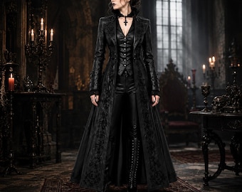 Könnte beinhalten: Ein langer schwarzer Mantel mit aufwendiger Blumenstickerei an den Vorderteilen, getragen über einer passenden schwarzen Weste und Hose. Das Ensemble umfasst ein schwarzes Halsband mit Kreuzanhänger und hohe schwarze Schnürstiefel.