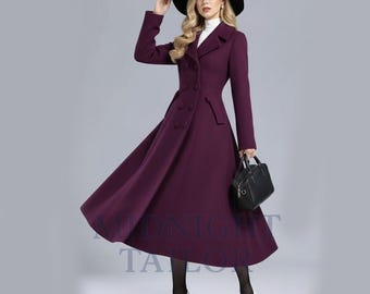 Plum Wool Coat Women, Long Burgundy Wool Coat, Elegant Winter Swing Coat, Double Breasted A-Line Coat, Vintage Inspired Wool Trench Coat