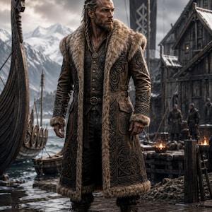 May include: A long brown leather coat featuring intricate black embossed patterns, a thick faux fur collar, and matching fur trim on the cuffs. The coat is worn over a dark vest and trousers, paired with dark leather boots and a circular pendant necklace.