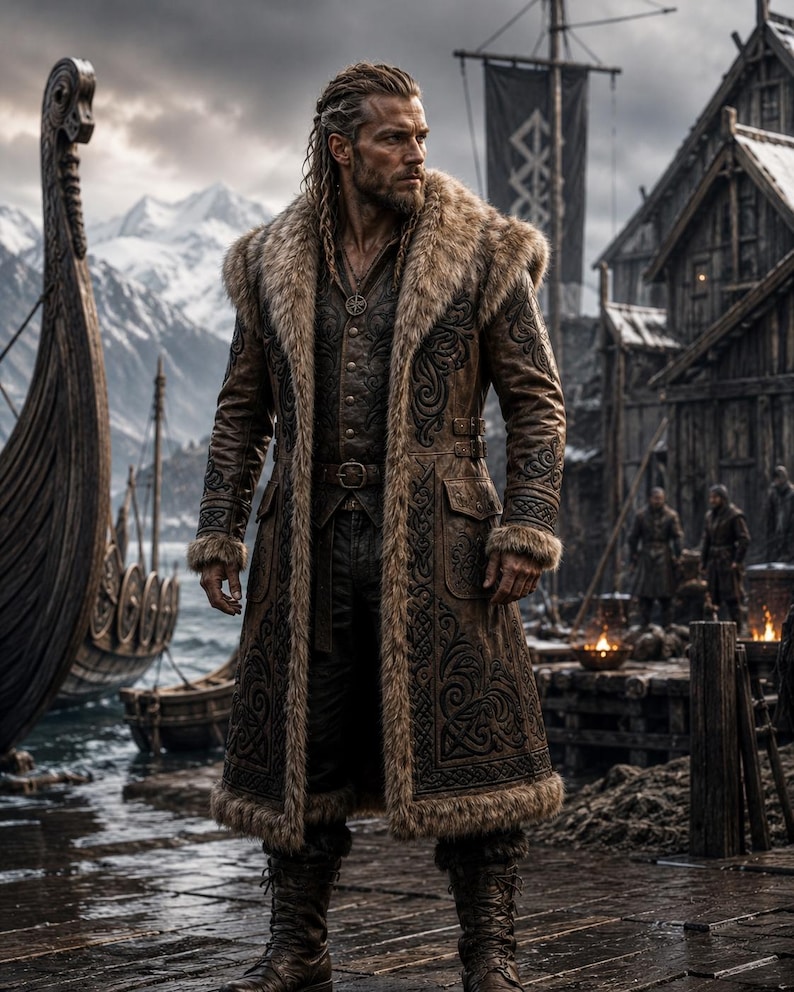 May include: A long brown leather coat featuring intricate black embossed patterns, a thick faux fur collar, and matching fur trim on the cuffs. The coat is worn over a dark vest and trousers, paired with dark leather boots and a circular pendant necklace.