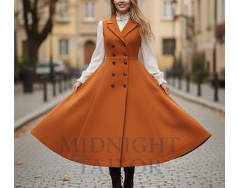 Navy Wool Fit and Flare Coat, Long Winter Trench Coat, Ylistyle