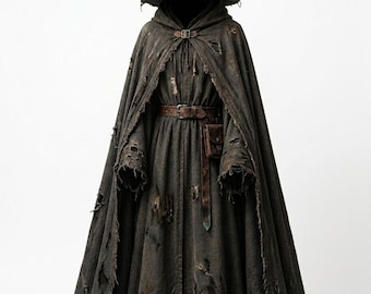 May include: A dark brown, distressed hooded cloak and matching pointed hat featuring numerous tears and frayed edges. The ensemble includes a brown leather belt with a metal buckle and a small attached pouch, paired with worn brown leather boots.