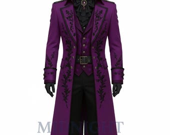 May include: A purple long coat with black floral embroidery, a matching vest, and black pants. The coat features a high collar, decorative buttons, and a belt. The outfit includes a black shirt with a ruffled collar and a decorative brooch. The text "MIDNIGHT TAILOR" is at the bottom.