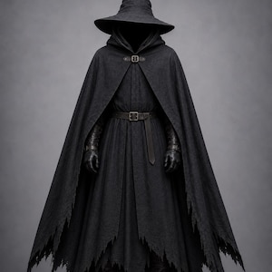Mörk trollkarlsmantel med huva och hatt, medeltida magikerkostym, fantasy-trollkarl, cosplay, lajv, renässansmässoklädsel