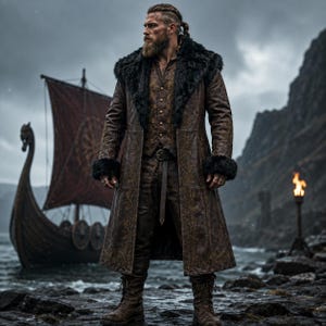 May include: A long brown coat with a black faux fur collar and cuffs, featuring intricate gold embroidery along the front edges. The coat is worn over a matching brown vest and trousers, paired with brown leather boots, creating a layered look.