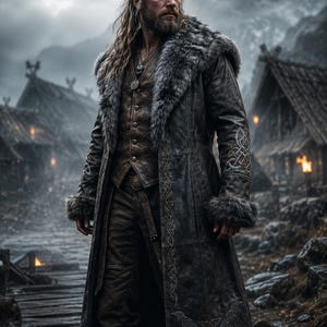 May include: A long, dark brown leather coat featuring a thick grey faux fur collar and cuffs, intricate silver embroidery along the front panels, and detailed knotwork patterns on the sleeves and hem, worn over a matching buttoned vest.