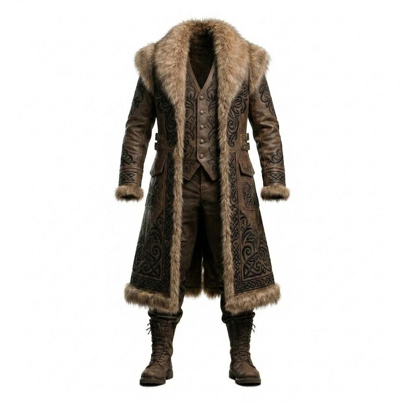 May include: A brown long coat with a thick faux fur collar and cuffs, featuring black intricate scrollwork patterns. The coat is worn over a matching buttoned vest and trousers, paired with brown lace-up boots, creating a complete ensemble.