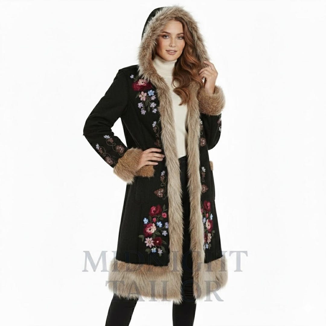 Women's Embroidered Suede Coat With Faux Fur Trim & Hood Vintage